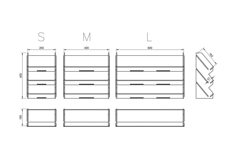 May include: Line drawing of three different sizes of a shelf unit, labeled S, M, and L. The shelves are 4.15 inches tall and have a 1.5 inch deep base. The shelf widths are 250 mm, 400 mm, and 600 mm. A separate drawing shows the shelf unit in a corner configuration.