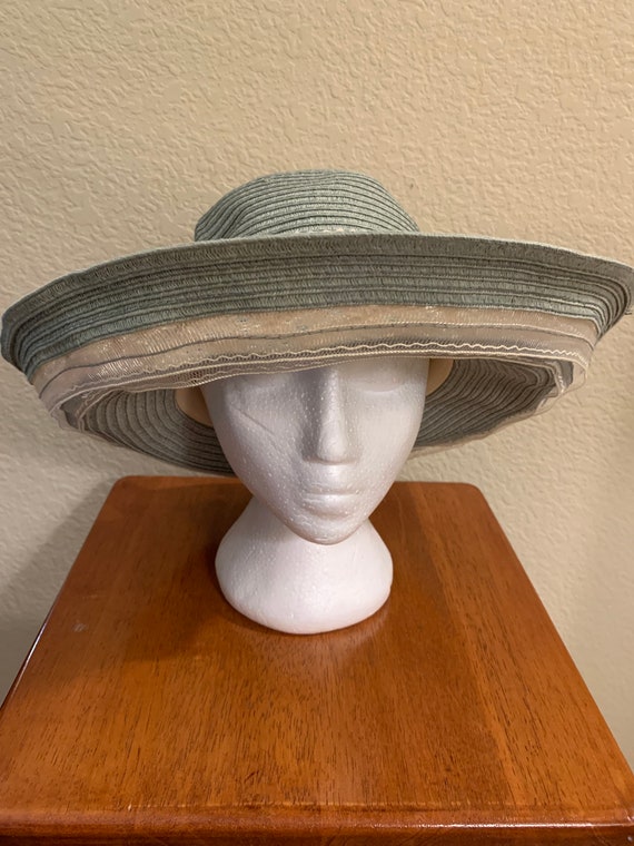 Vintage Sage Green Wide Brimmed Straw  and Lace Ha