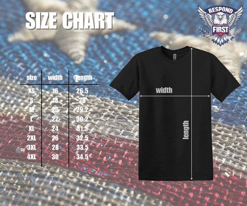 以下が含まれることがあります： 幅と長さの寸法がインチで示されたTシャツのサイズ表。サイズはXS、S、M、L、XL、2XL、3XL、4XLです。