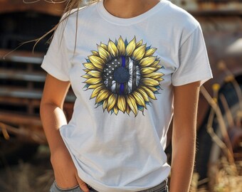 Sunflower Thin Blue Line Tshirt,Garden Shirt, Womens Fall Shirt, Sunflower Tshirt Sunflower Shirts, Sunshine Tee, Cop Wife, Cop Girlfriend