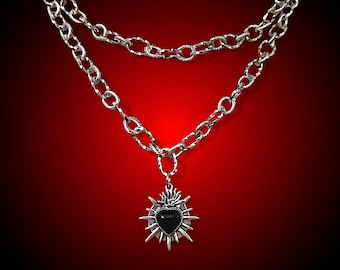 Thorn Heart Gothic Necklace Gothic chain stack Double Chain Black, Red, Silver Heart Pendant, Romantic Alternative Gift for Goth Style