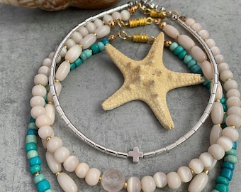 Handgefertigte Perlen Fußkettchen Set: Hämatit, Türkis, Perle Strand Schmuck