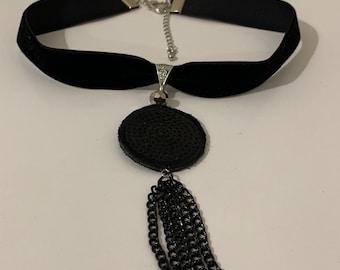 Velvet ribbon choker.Pendant - fabric with sequins.Black velvet necklace.Day collar.Gothic necklace. A gift for her. Collar choker necklace.