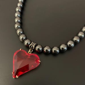 Red Heart Black Necklace. Glass Heart Pendant. Puffy Red Glass Pendant Choker for Romantic Gifts. Natural Hematite Stone Choker.