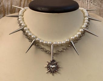 Punk Pearl and Spike Choker: Gothic Multi-strand Chain Necklace with Spiky Heart Pendant