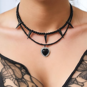Gothic Black Spiked Necklace. Necklace Double. Black Heart Choker. Elegant Heart and Spike Choker. Black Necklace Stack.Alternative Necklace