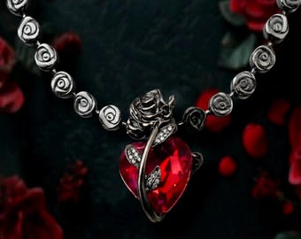 Halsband med rött hjärta och rosor med hematitrospärlor, gotisk mörk romantik