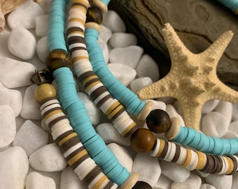 Handgefertigte Heishi Surfer Choker: Jaspis, Tigerauge & Howlith