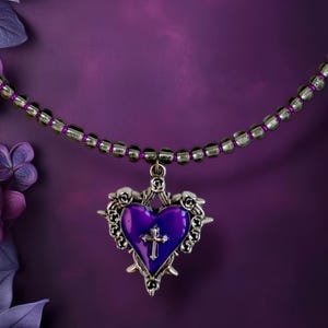Gothic Heart Jewelry Spiked Heart Necklace, Lilac Gothic Heart Pendant for Alternative Style, Edgy Heart Cross Necklace Gift. Gift for Goths