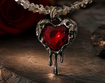 Gothic Dripping Heart Choker Black Spinel Red Crystal Pendant