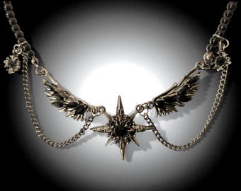 Gothic Engel Flügel Choker: Edelstahl Anhänger, Gothic Edelstein Halskette