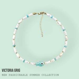 Puka Shell Necklace with White Beads & Ceramic Fish Charm Necklace. Handmade Beach Necklace for Surfer Style