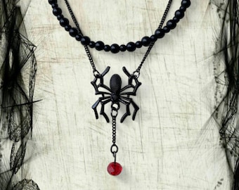 Gothic Spider Necklace: Black Onyx & Red Crystal Pendant