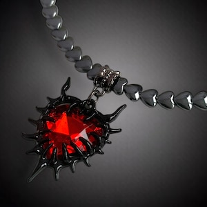 Thorn Heart Necklace, Gothic Pendant, Devil Heart Necklace, Hematite Beads Heart Shape, Heart Pendant Red Green Black. Gift for Goths