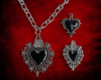 Sacred Heart Necklace, Black Enamel Pendant, Stainless Steel Mexican Jewelry