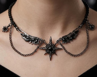 Gothic Angel Wings Star Choker Necklace Black Onyx Dark Feminine