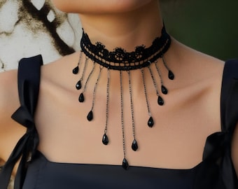 Black Lace Choker: Gothic Victorian Necklace with Chains