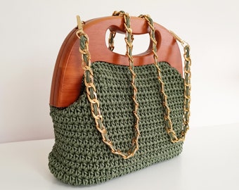 Stylish Women's Bag with Wooden Buckle and Waxed Thread, Handcrafted Green Bag, Hand Knitted Bag, Handmade Crochet Bag