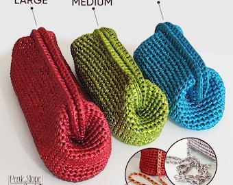 Crochet Metallic Raffia Clutch Bag, Knitted With Metallic Yarn, Leather-Look Metallic Drawstring Bag