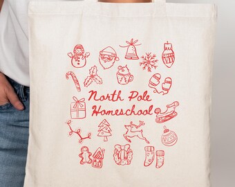 Christmas Homeschool Bag, 100% Cotton Canvas Tote, Whimsical Homeschool Mom Gift, North Pole Homeschool, Homeschool Mama Christmas Gift
