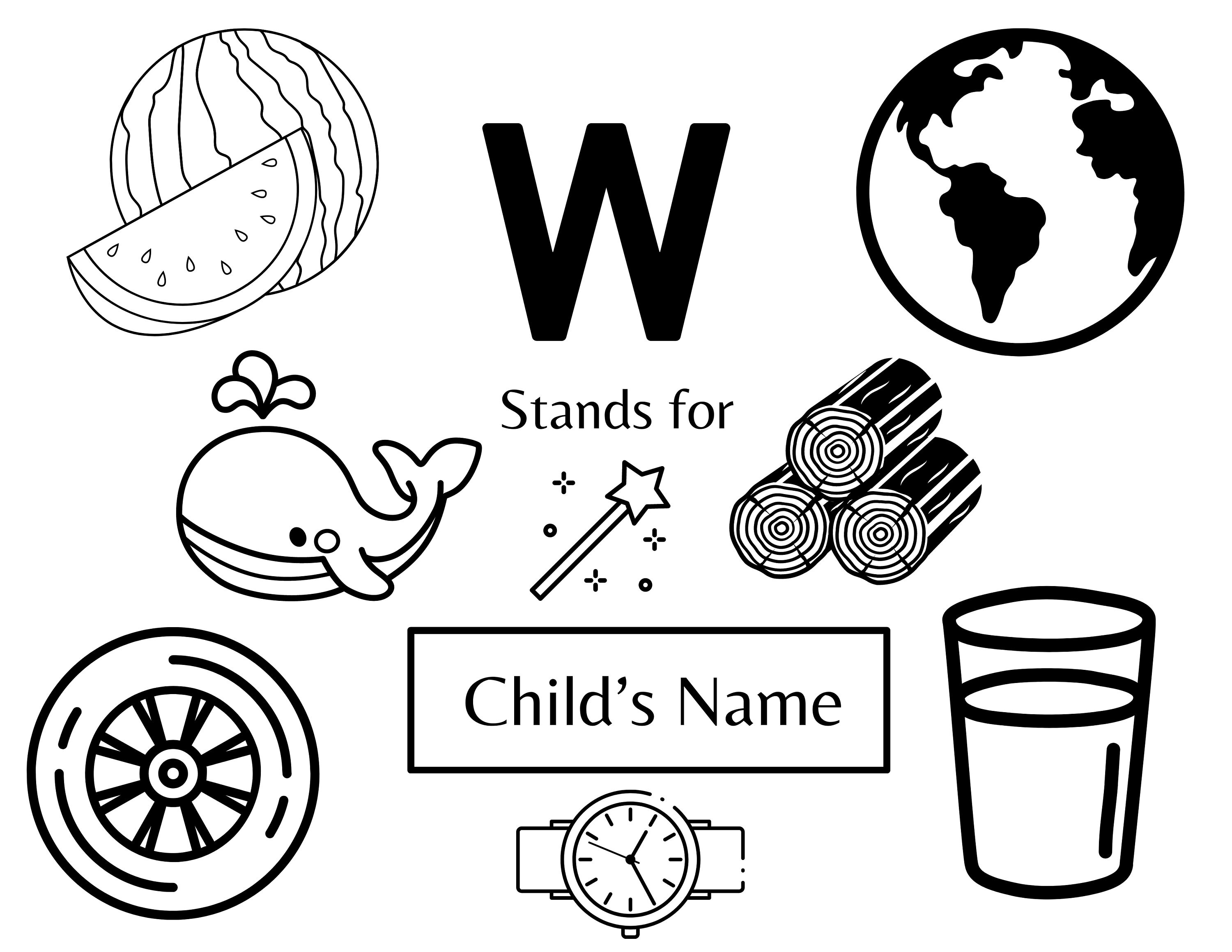 Editable Name Coloring Page, W Stands For, Personalized Coloring Place Mat Sheet With the Letter