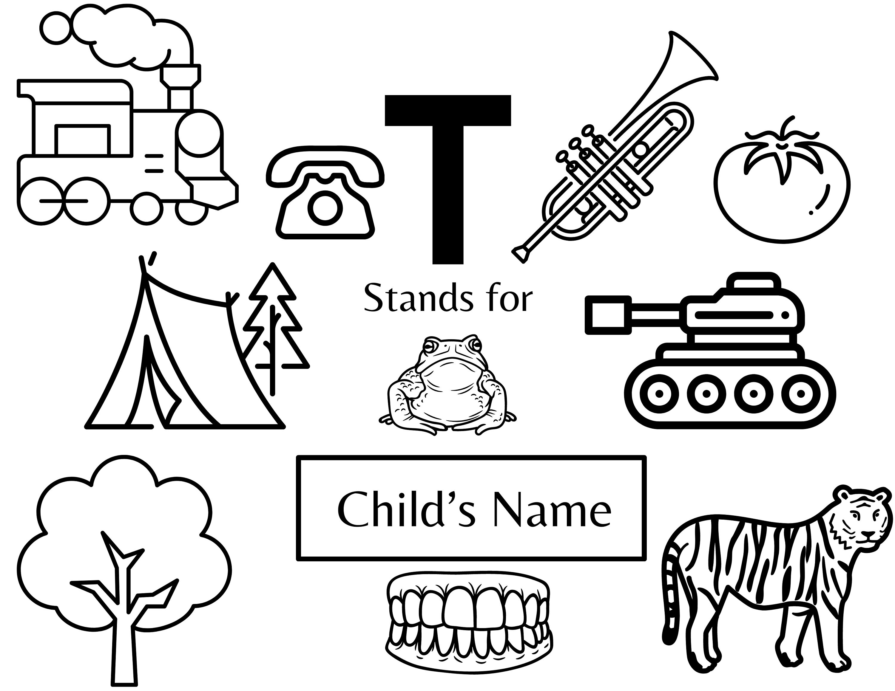 Editable Name Coloring Page, T Stands For, Personalized Coloring Place