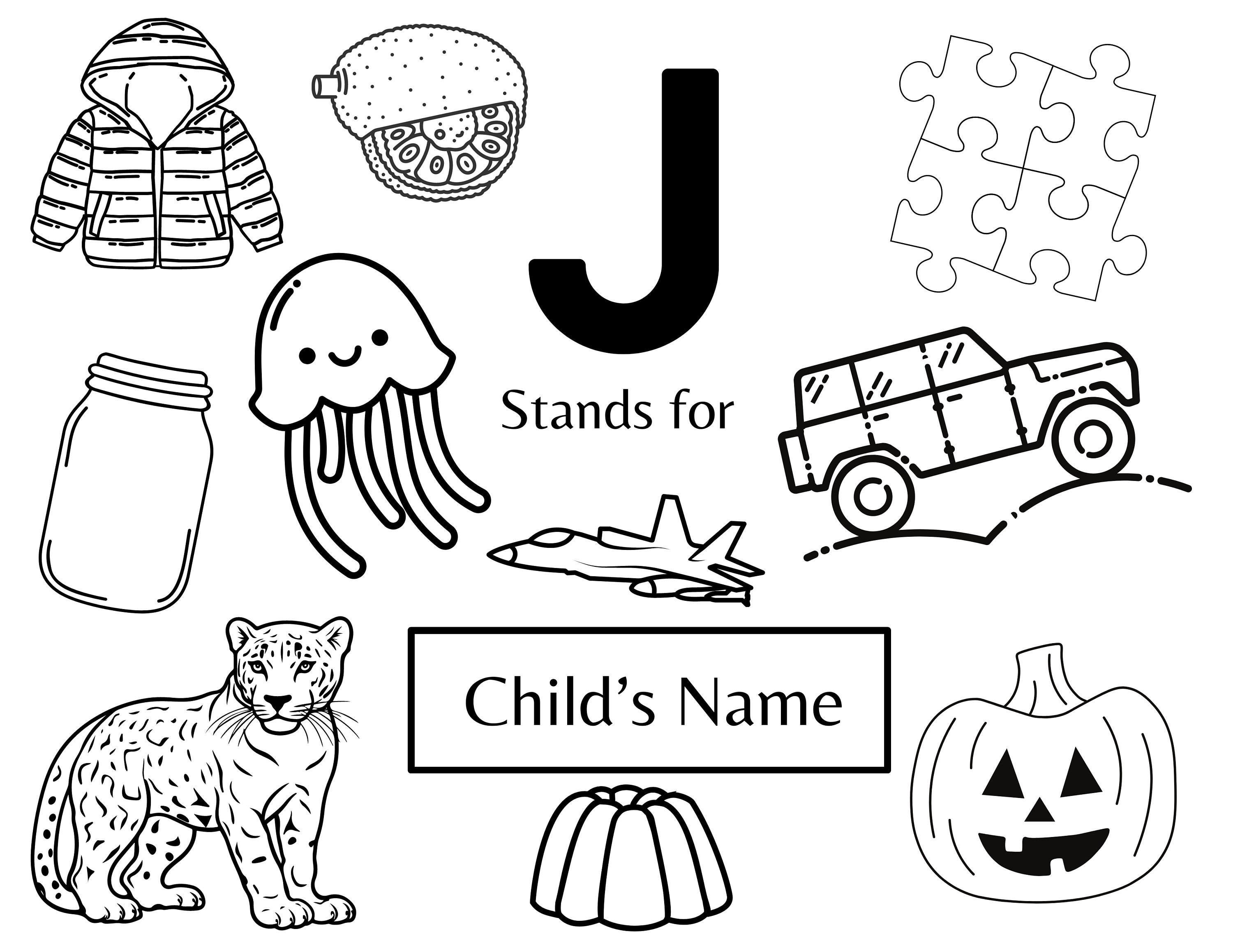 Editable Name Coloring Page, J Stands For, Personalized Coloring Place