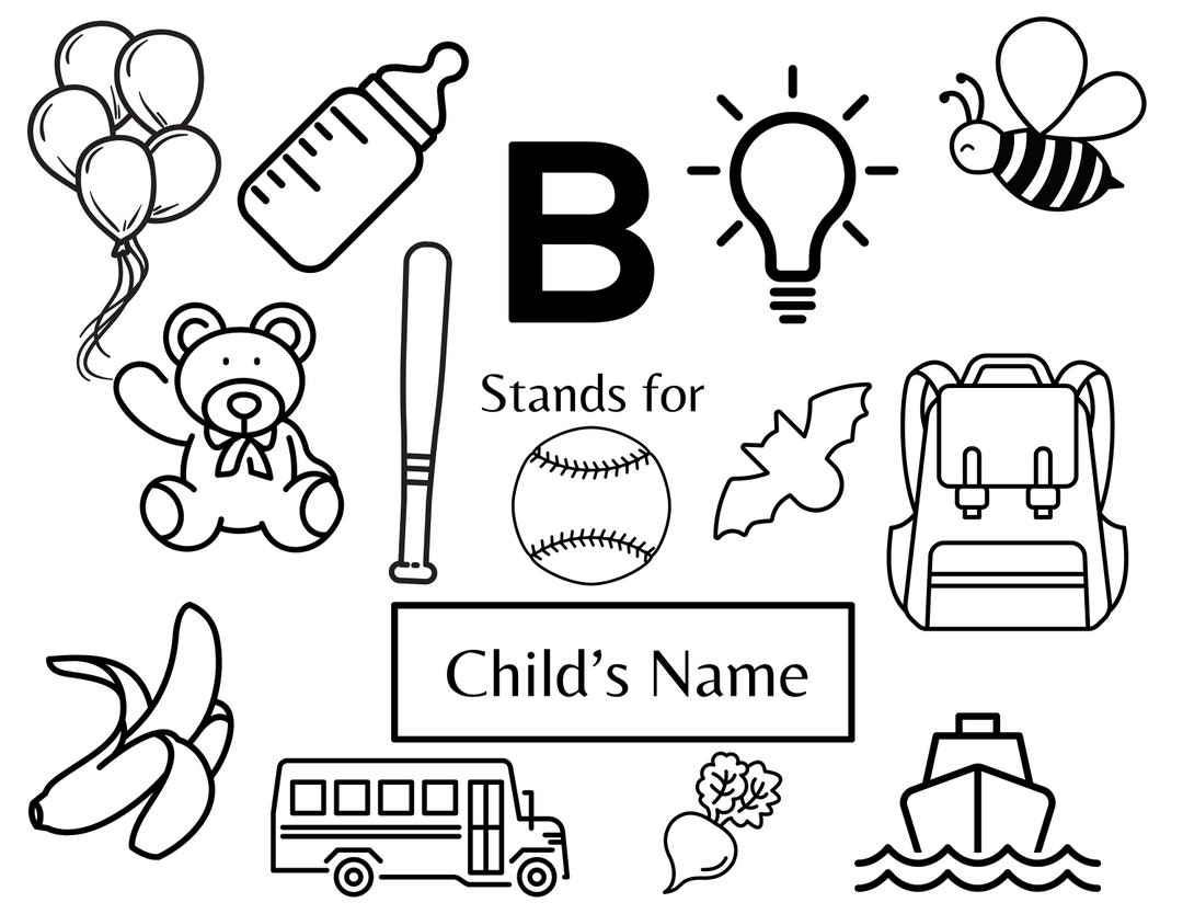 Editable Name Coloring Page, B Stands For, Personalized Coloring Place Mat Sheet With the Letter
