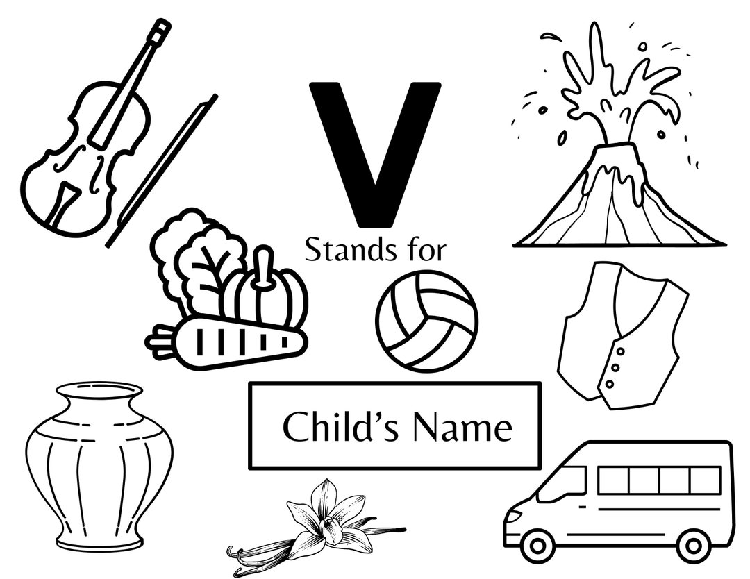 Editable Name Coloring Page, V Stands For, Personalized Coloring Place