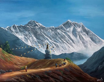 Original Gemälde Mount Everest Nepal Himalaya Landschaft Kunst für Wohnkultur