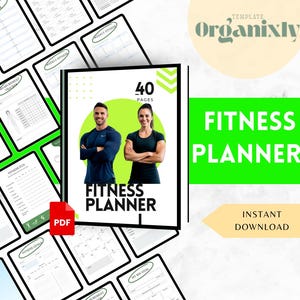 Planificador de fitness imprimible: diario de salud, registro de entrenamiento y comidas, registro de dieta y hojas de actividad (A4/A5/Carta)