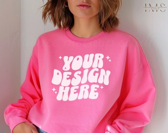 Gildan 18000 Safety Pink Mockup,Boho Mockup,18000 Mockup Pink, Gildan 1800 Female Mockup, Modern Sweatshirt Mockup,18000 Crewneck Sweatshirt
