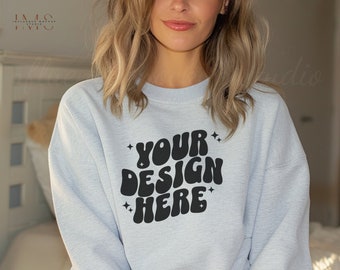 Gildan 18000 Ash Mockup,Boho Mockup,18000 Mockup Ash,Gildan 1800 Female Mockup,Modern Sweatshirt Mockup,Gildan 18000 Ash Crewneck Sweatshirt