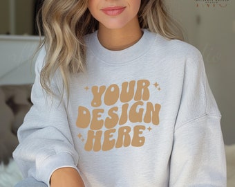 Gildan 18000 Ash Mockup,Boho Mockup,18000 Mockup Ash,Gildan 1800 Female Mockup,Modern Sweatshirt Mockup,Gildan 18000 Ash Crewneck Sweatshirt