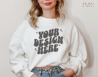 Gildan 18000 White Mockup, Boho Mockup, 18000 Mockup White, Gildan 1800 Mockup, Modern Sweatshirt Mockup, White Gildan 18000 Female