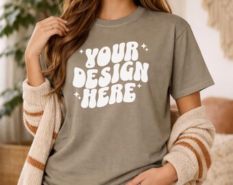 Comfort Colors C1717 Khaki - C1717 Mockup - Influencer Mockup - CC Model Mockup - CC Shirt Mockup - Modern Trendy Boho Oversized Mock