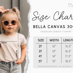 Puede incluir: Una niña con gafas de sol y una camiseta beige, con una tabla de tallas para camisetas de punto para niños pequeños. La tabla muestra las tallas 2T a 5T, con medidas en pulgadas. La camiseta es de Bella Canvas 3001T.