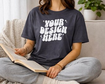 Granite C1717 Mockup Comfort Colors T-Shirt | Bookish Reader Mockup | Cozy Boho Neutral Tee | Cottagecore Shirt Mockup