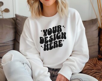Gildan 18000 White Mockup, Boho Mockup, 18000 Mockup White, Gildan 1800 Mockup, Modern Sweatshirt Mockup, White Gildan 18000 Female