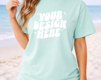 Chalky Mint CC1717 Beach Mockup | Comfort Colors T-Shirt Mockup | Woman Model Mockup | C1717 Shirt Beachy Mockup | CC Oversized Summer Mock
