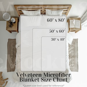Puede incluir: Una tabla de tallas para mantas de microfibra de terciopelo, que muestra tres tamaños diferentes: 30" x 40", 50" x 60" y 60" x 80". La tabla se muestra en una cama de tamaño queen para referencia.