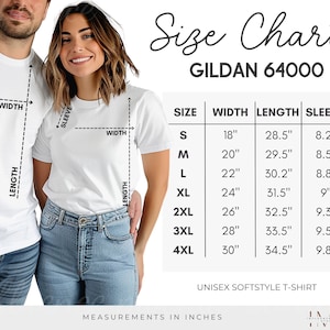 Tabla de tallas para parejas Gildan 64000, Tabla de tallas Gildan, Camiseta Gildan 64000, Maqueta de guía de tallas, Tabla de tallas de camisetas unisex, Tabla de maquetas para parejas
