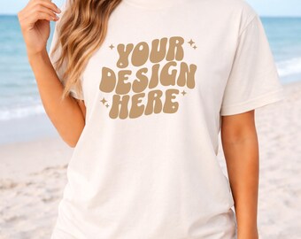Ivory CC1717 Beach Mockup | Comfort Colors T-Shirt Mockup | Woman Model Mockup | C1717 Shirt Beachy Mockup | CC Oversized Summer Mock
