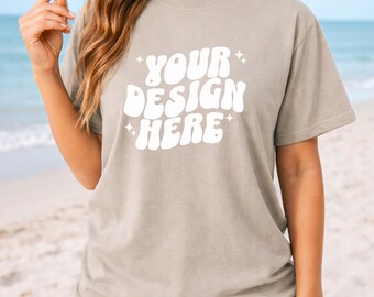 Sandstone CC1717 Beach Mockup | Comfort Colors T-Shirt Mockup | Woman Model Mockup | C1717 Shirt Beachy Mockup | CC Oversized Summer Mock