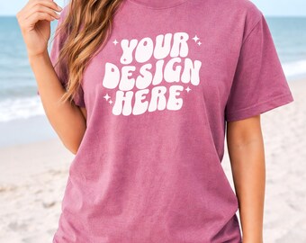 Berry CC1717 Beach Mockup | Comfort Colors T-Shirt Mockup | Woman Model Mockup | C1717 Shirt Beachy Mockup | CC Oversized Summer Mock