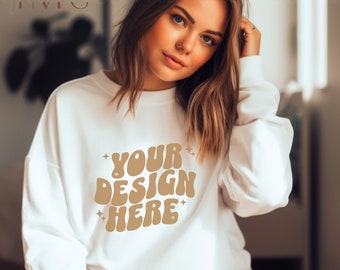 Gildan 18000 White Mockup, Boho Mockup, 18000 Mockup White, Gildan 1800 Mockup, Modern Sweatshirt Mockup, White Gildan 18000 Female
