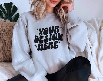 Gildan 18000 Sport Gray Mockup, Boho Mockup, 18000 Mockup Dark Heather, Gildan 1800 Female Mockup, Modern Sweatshirt Mockup Sport Gray