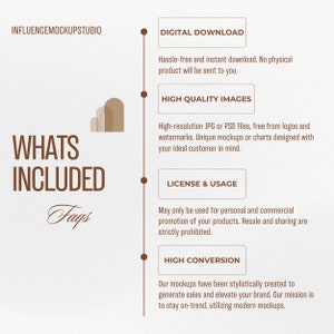 May include: A graphic with the text "WHATS INCLUDED" and a list of features for digital downloads, including high-quality images, license and usage, and high conversion.