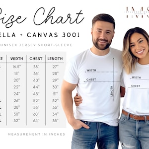 Tableau des tailles pour couples Bella Canvas 3001, Tableau des tailles 3001, Tableau des tailles pour t-shirt unisexe 3001, Guide des tailles BC3001 pour couples, Tableau des tailles Bella 3001
