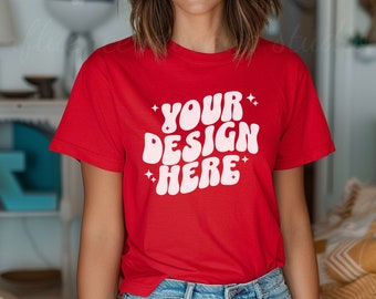 Gildan 64000 Red Mockup, Gildan 64000 Woman Tee Mockup, Boho Mockup, Gildan Red Tee Mock, Gildan Softstyle T-Shirt, Fourth of July Mockup